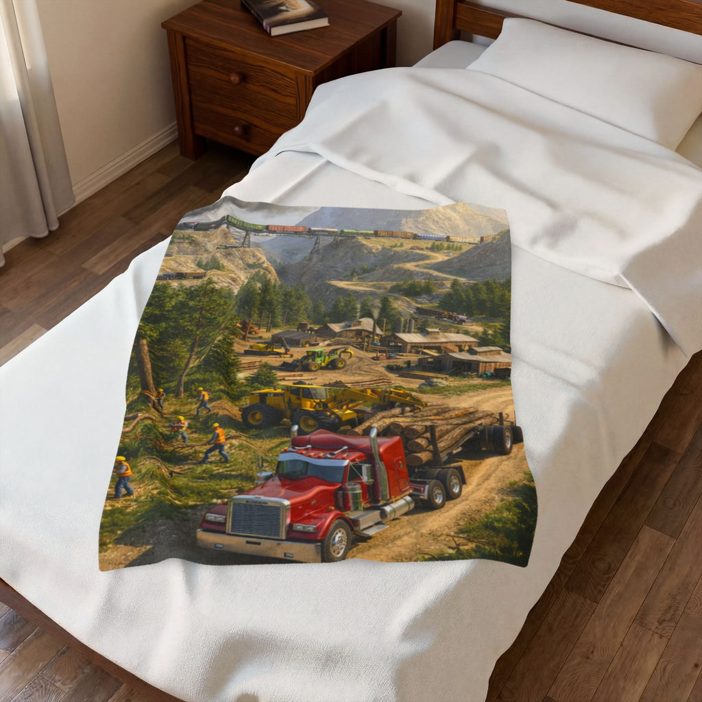 Red Tractor Logging Scene Velveteen Plush Blanket | Quarry Train Illustration