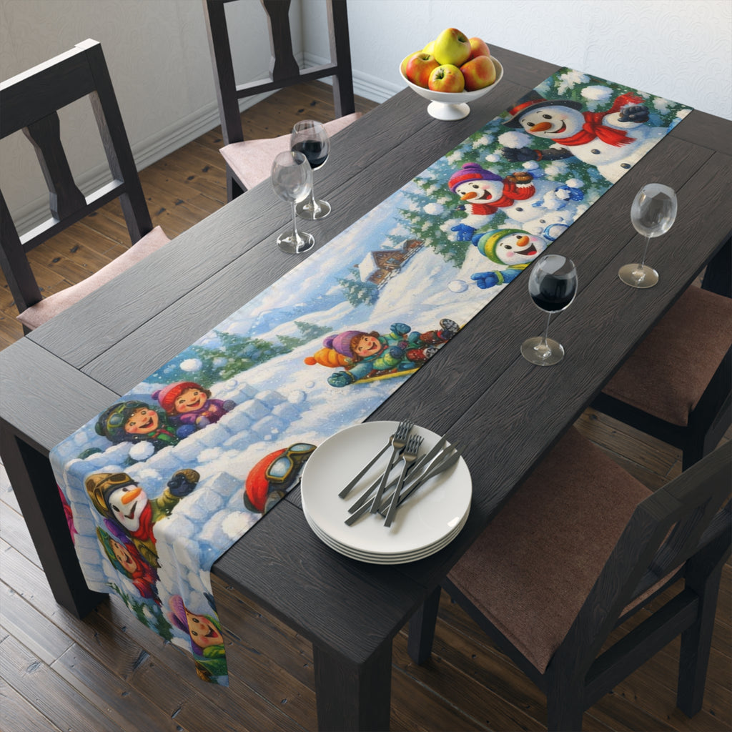 Snowman Winter Scene Table Runner | Holiday Snowball Fight