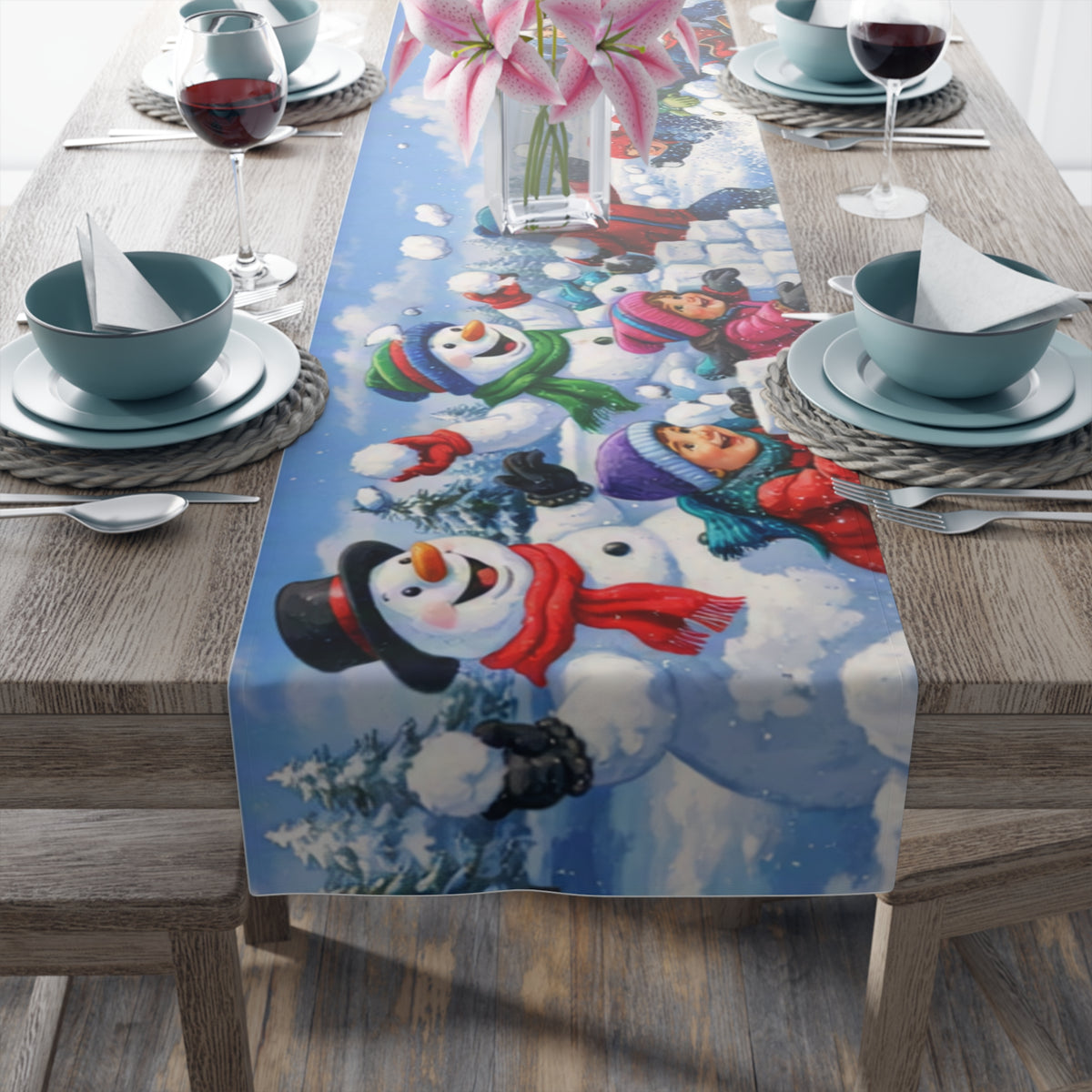 Snowball Fight Snowman Table Runner | Winter Christmas Table Decor