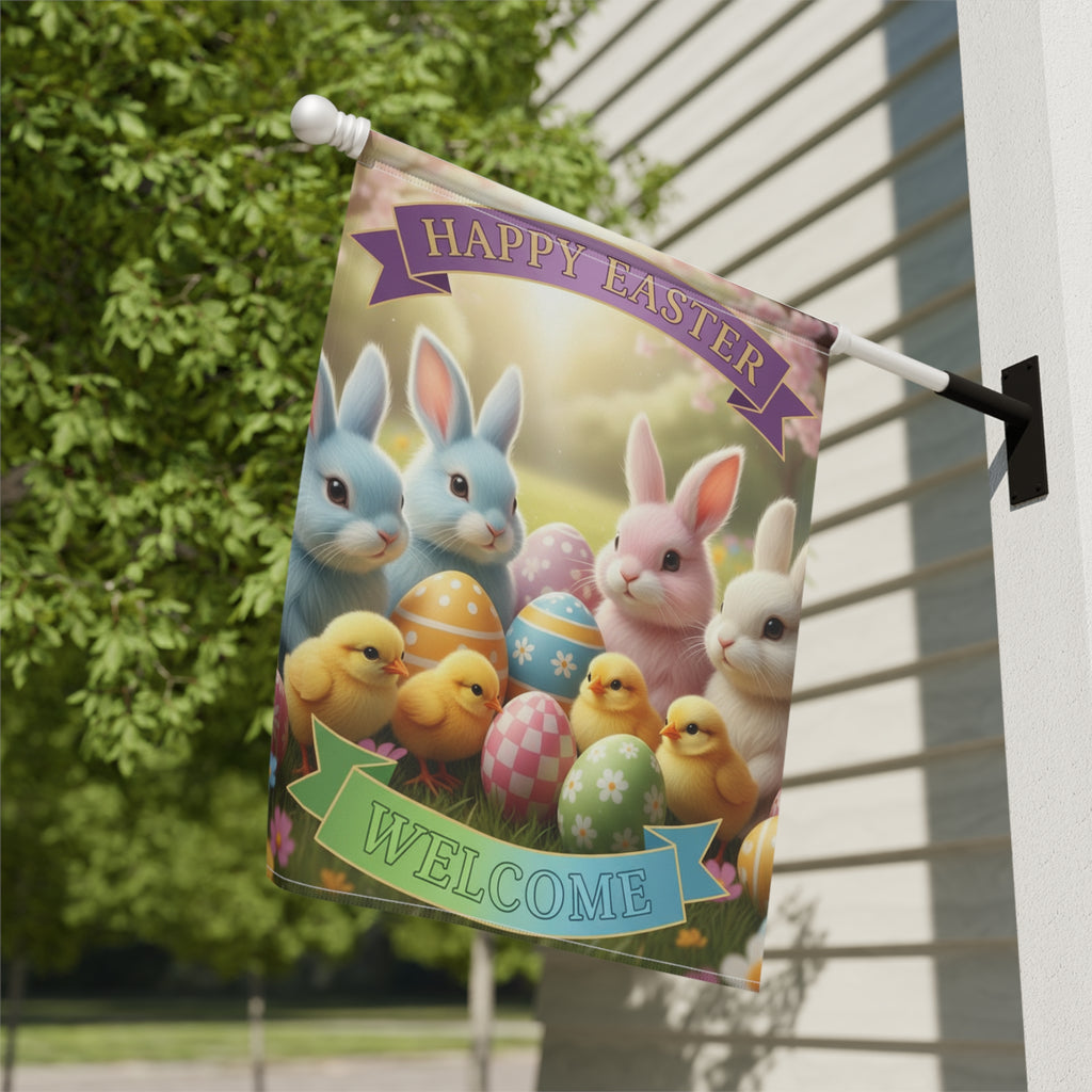 Happy Easter Welcome Garden Flag | Easter Bunnies, Chicks & Painted Eggs
