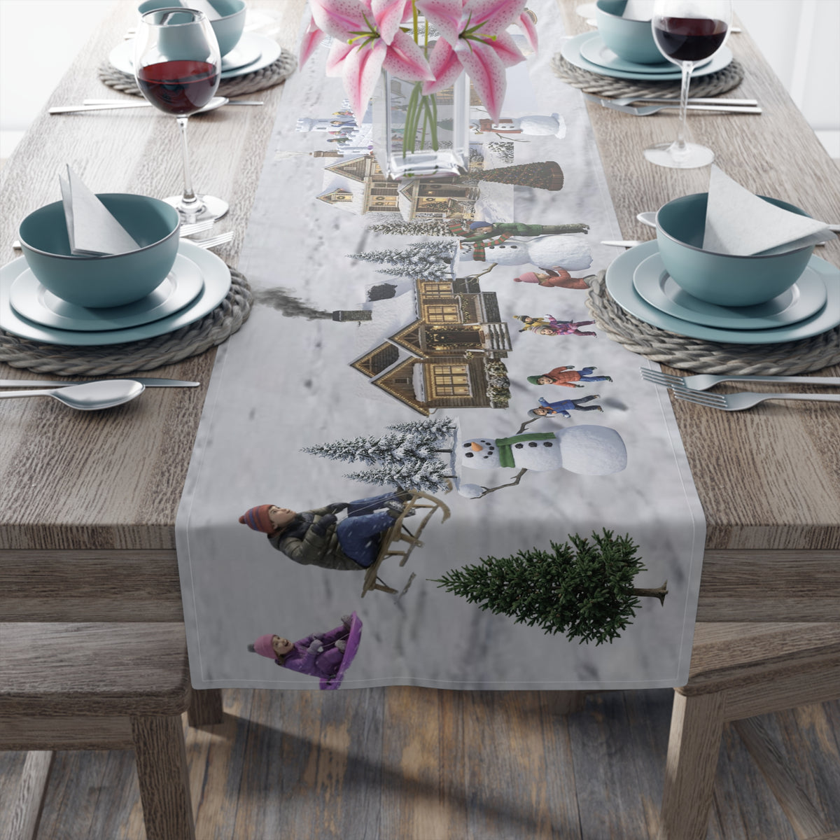Storybook Snowman Village Table Runner | Winter Wonderland Holiday Decor
