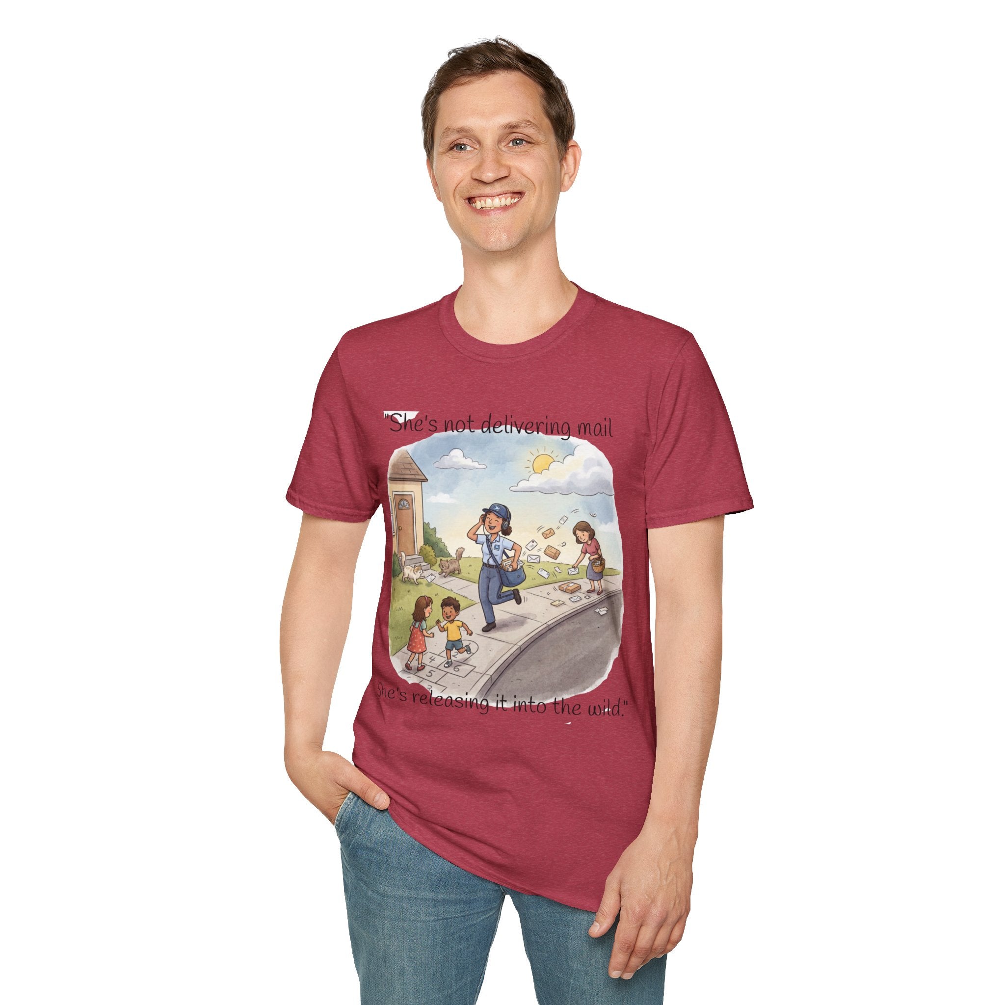 T‑Shirt – "She’s not delivering mail, she’s delivering a little wind" Cute Postal Worker Illustration Tee