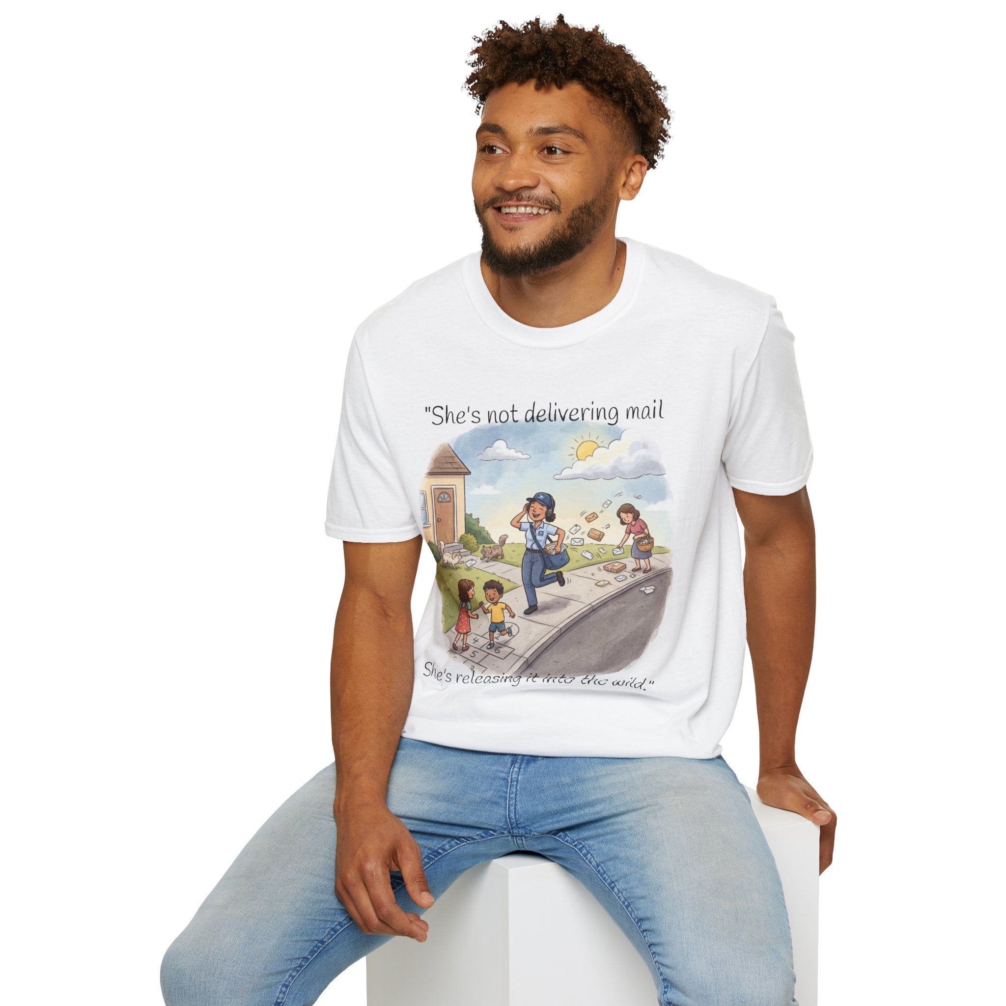 T‑Shirt – "She’s not delivering mail, she’s delivering a little wind" Cute Postal Worker Illustration Tee