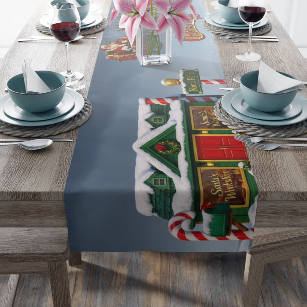Christmas Village Scene Table Runner | Holiday Snowy Cottage Design