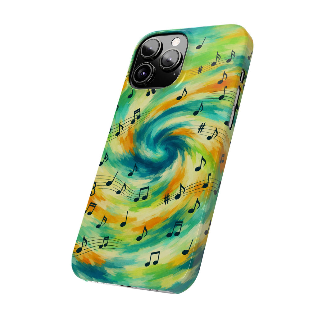 Music Notes Swirl Slim Phone Case | Colorful Turquoise Yellow Galaxy