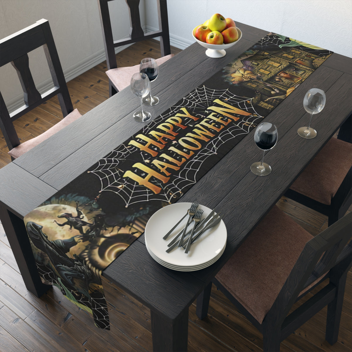 Halloween Spiderweb Table Runner | Full Moon, Bats & Vintage Illustration – Spooky Table Decor
