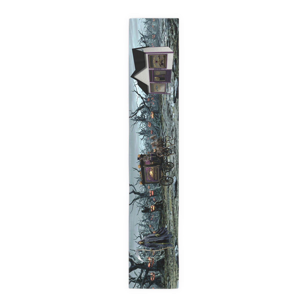 Haunted Hearse Carriage Table Runner | Gothic Horse-Drawn Carriages & Moonlit Marsh Scene