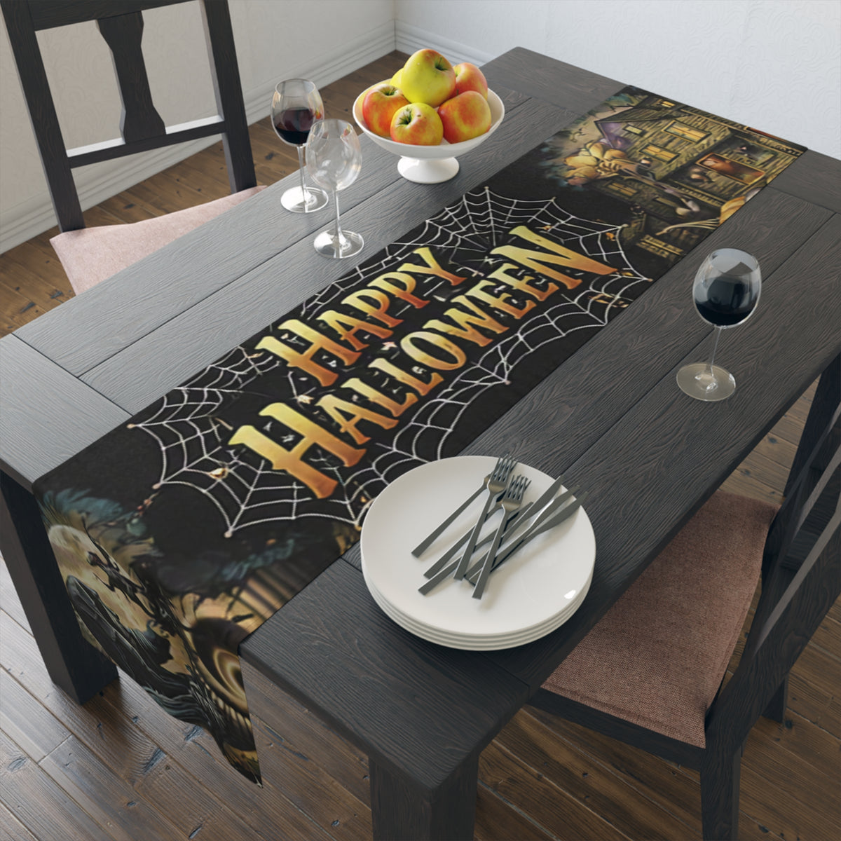 Halloween Spiderweb Table Runner | Full Moon, Bats & Vintage Illustration – Spooky Table Decor