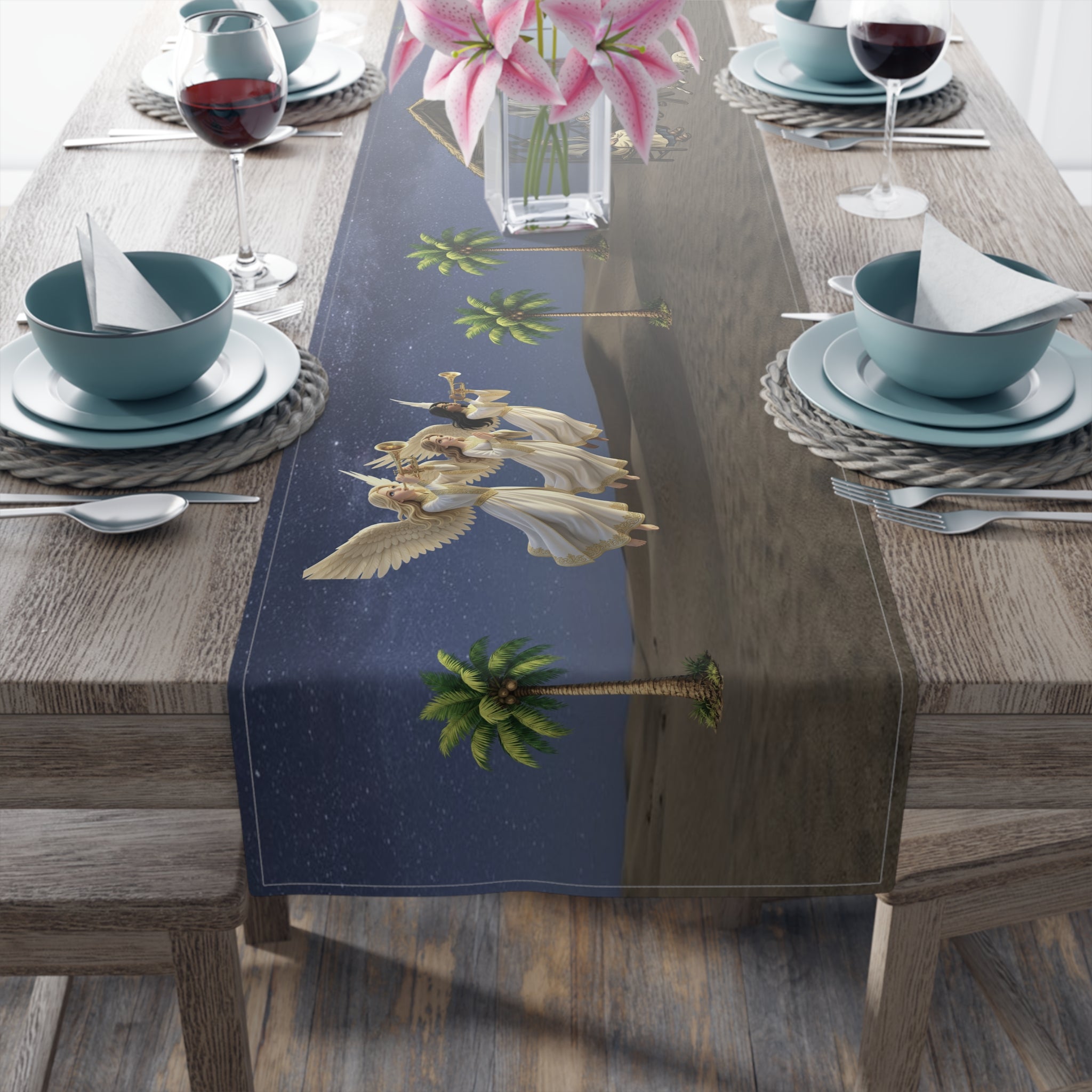 Nativity Scene Table Runner | Christmas Holy Family Angels, Palm Trees