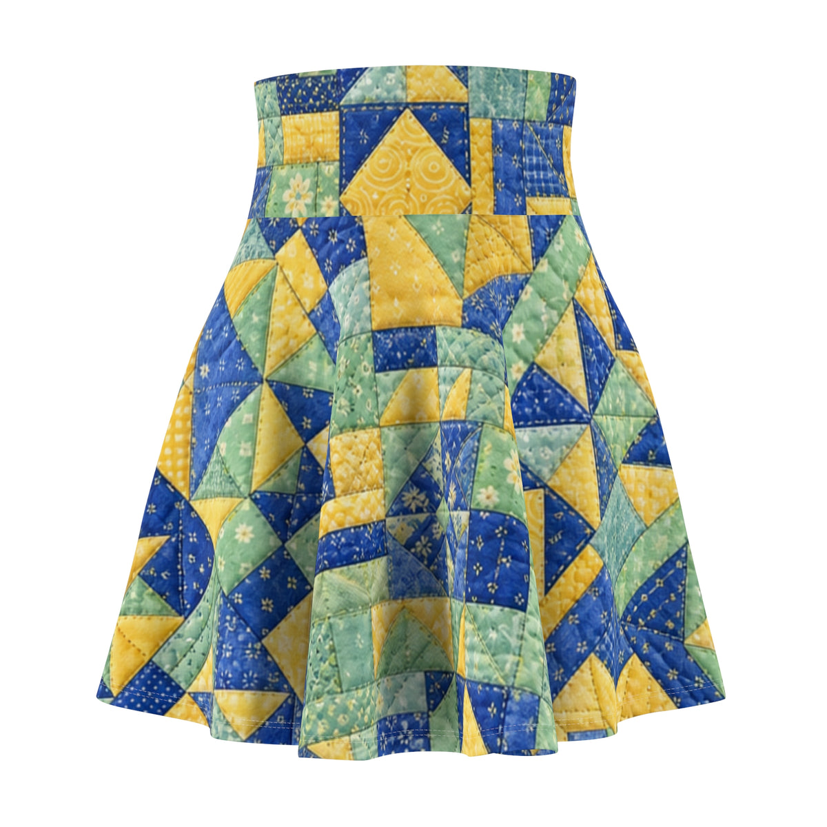 Patchwork Quilt Pattern Skater Skirt | Blue Yellow Green Cottagecore