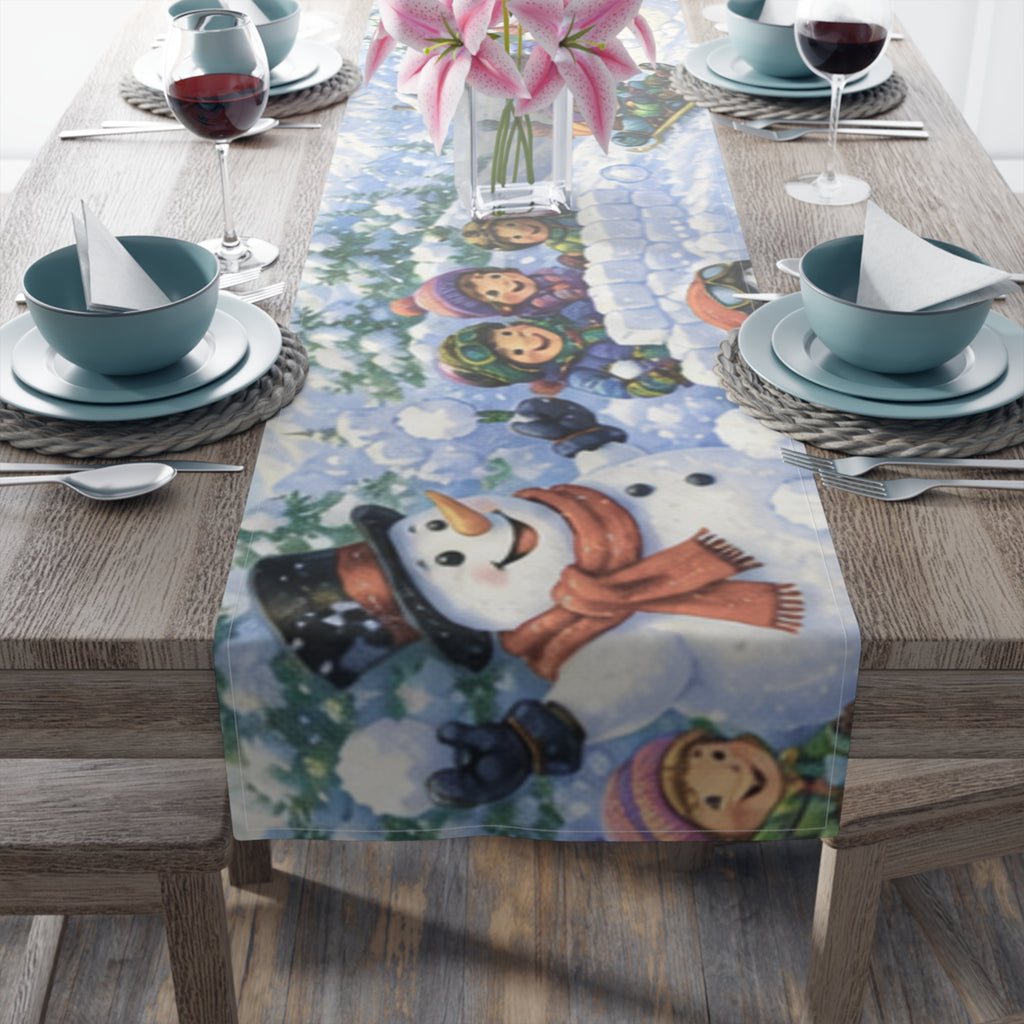Snowball Fight Snowman Scene Table Runner | Cotton Poly