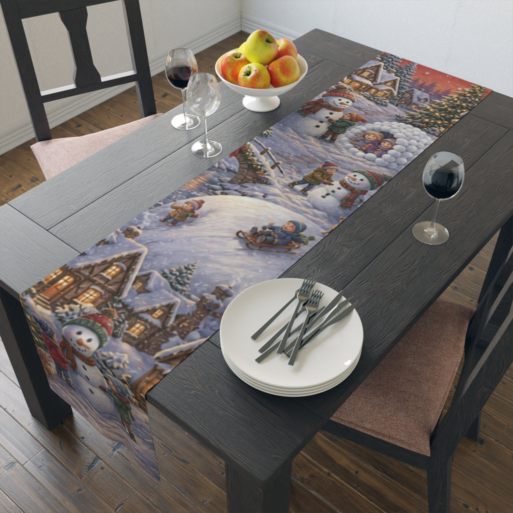 Storybook Snowman Village Table Runner, Winter Wonderland Cotton Poly