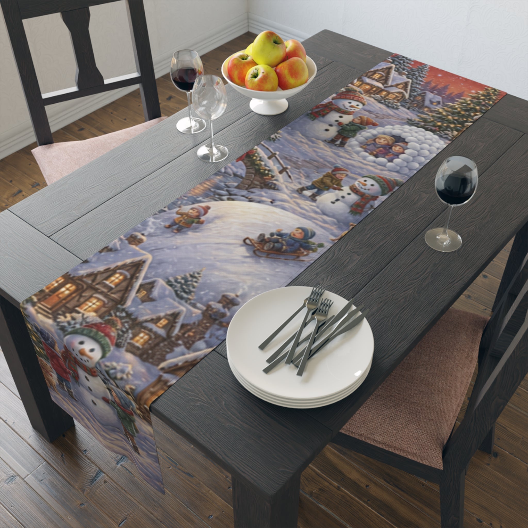 Storybook Snowman Village Table Runner, Winter Wonderland Cotton Poly