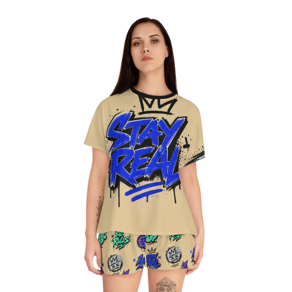 Stay Real Graffiti Print Pajama Set | Short Sleeve Top & Shorts