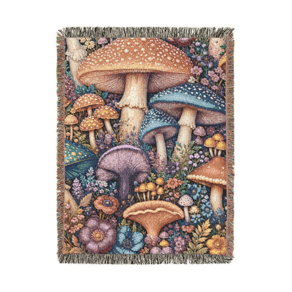 Mushroom Meadow Woven Blanket - Fungi Tapestry Throw
