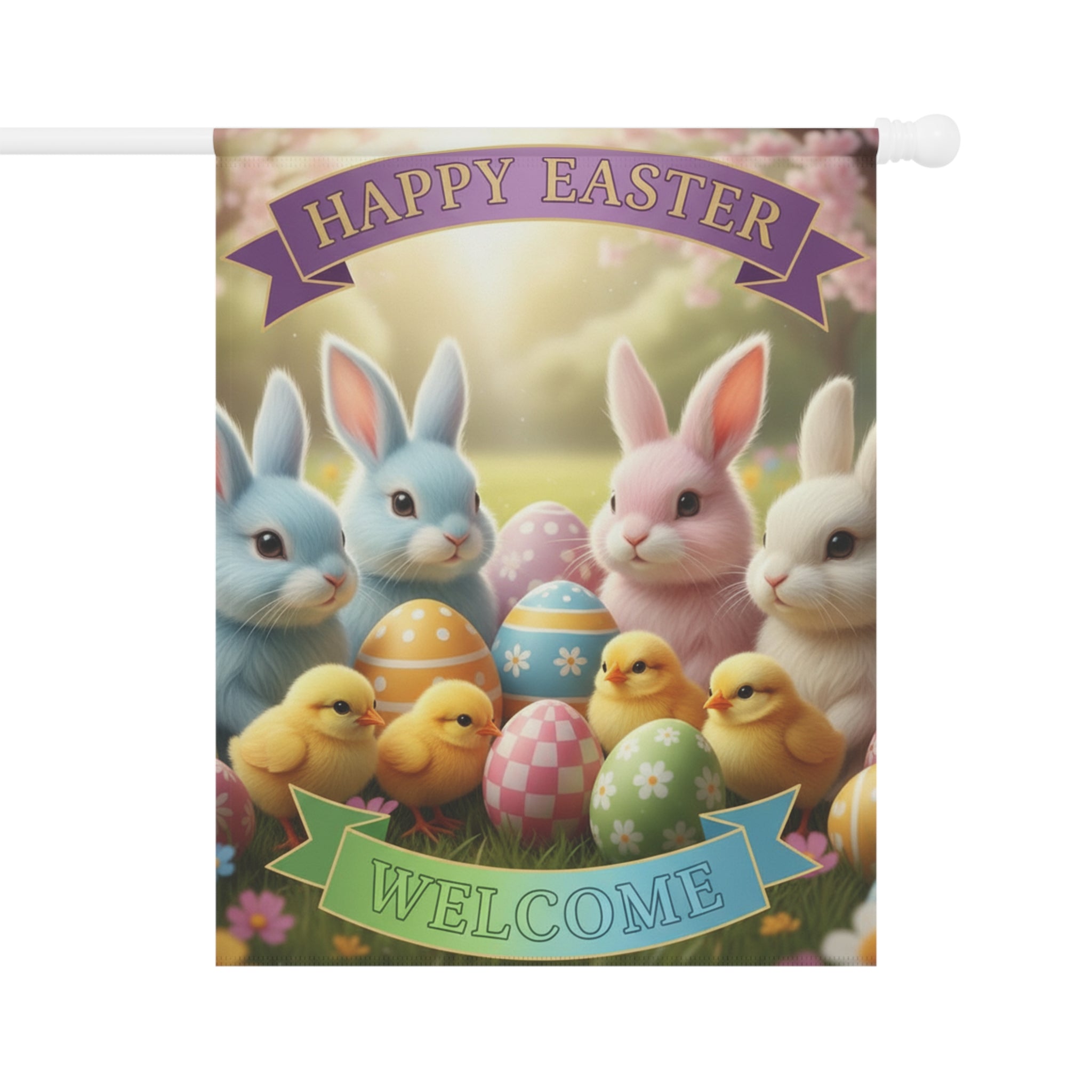 Happy Easter Welcome Garden Flag | Easter Bunnies, Chicks & Painted Eggs