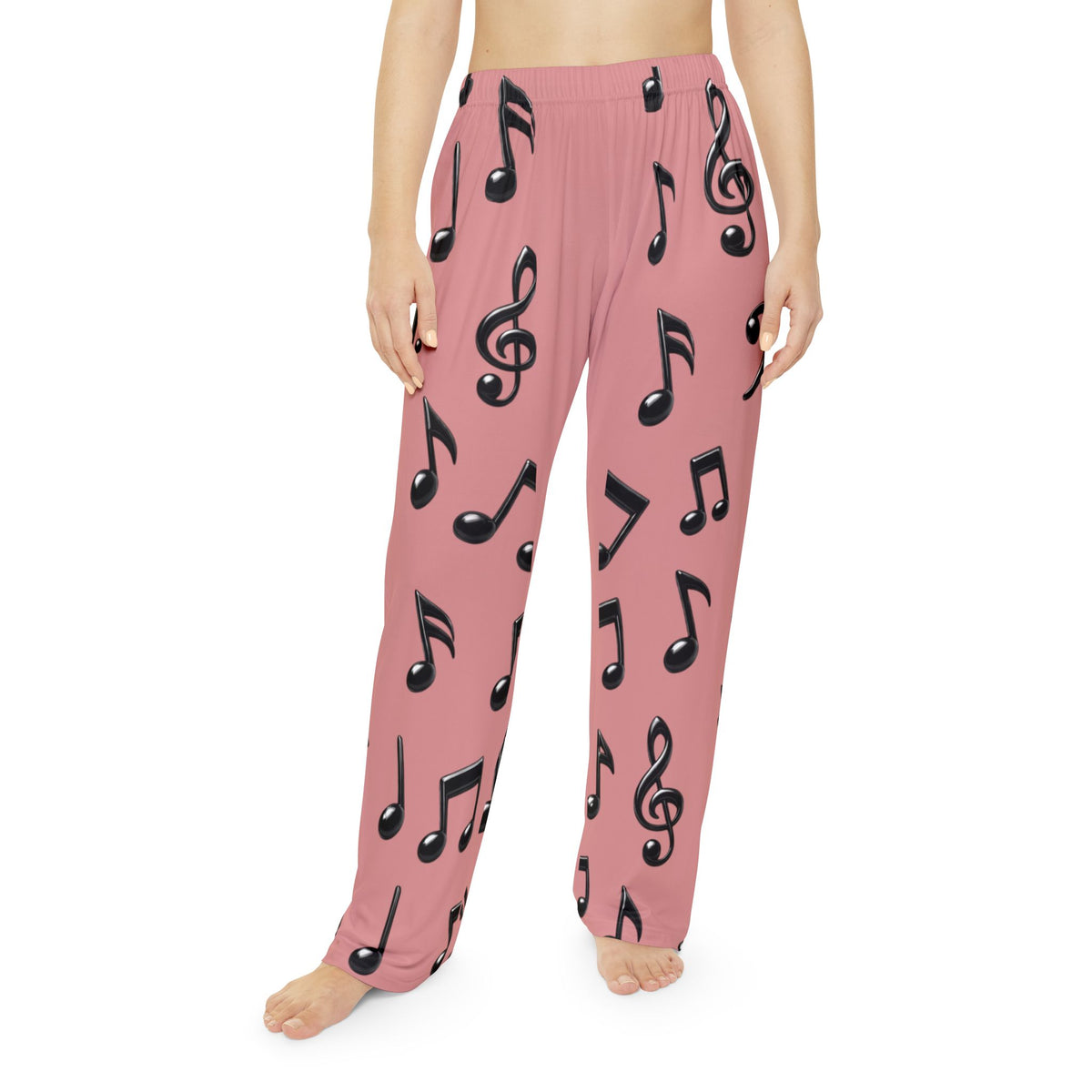 Black Music Notes Pattern Pajama Pants | Women's Pink All-Over Print