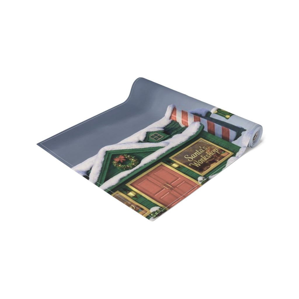 Christmas Village Scene Table Runner | Holiday Snowy Cottage Design