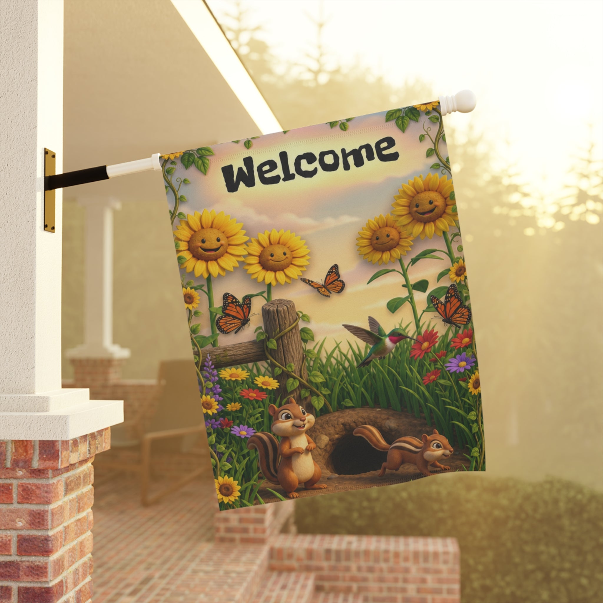 Chipmunks & Sunflowers Welcome Banner flag | Garden House Porch Decor