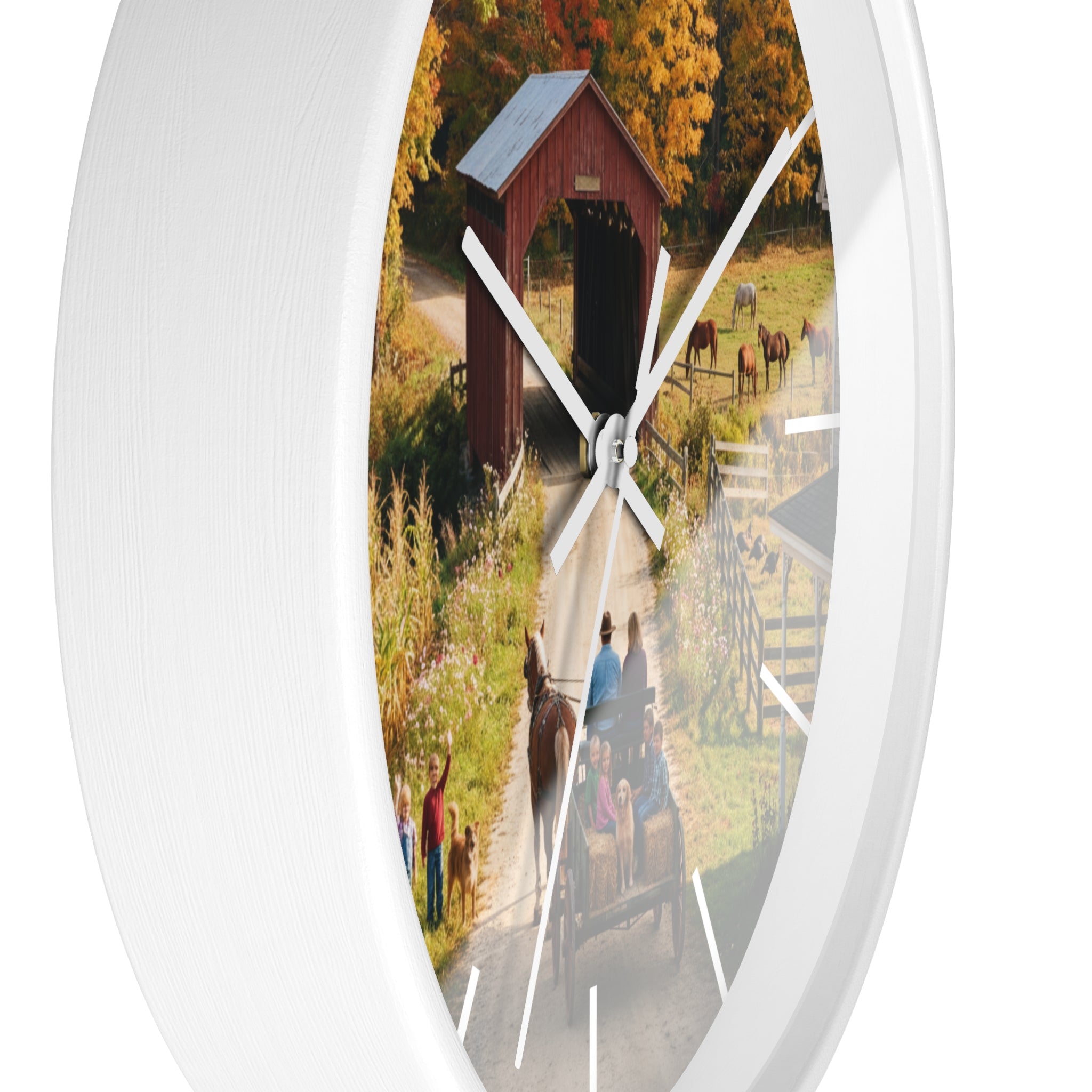 Autumn Covered Bridge Wall Clock / Country Wagon & Fall Scenery