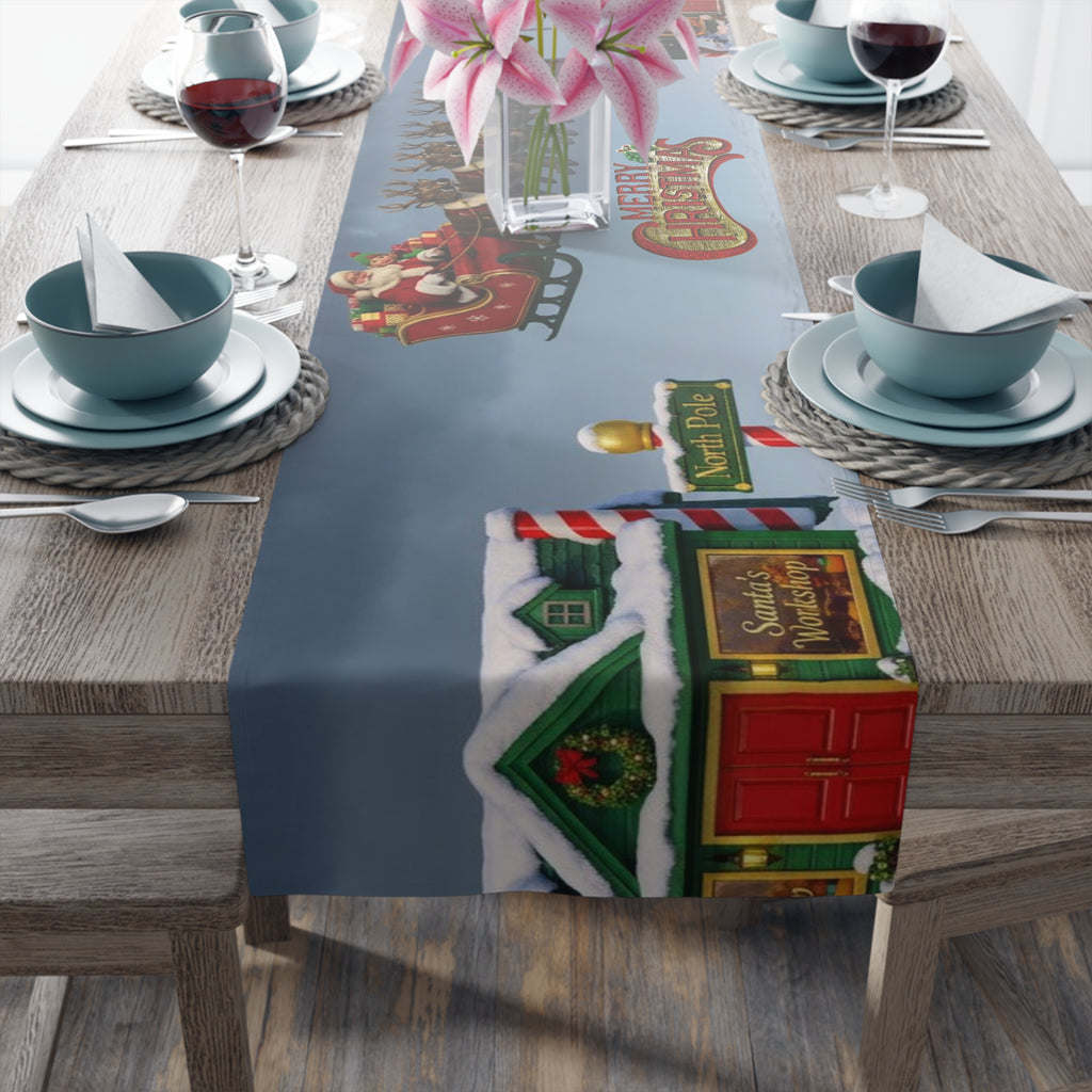 Christmas Village Scene Table Runner | Holiday Snowy Cottage Design