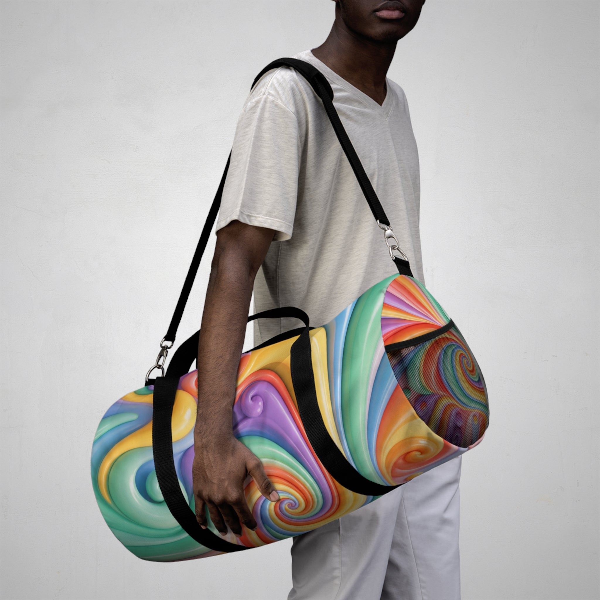 Colorful Swirl Duffel Bag — Retro Rainbow Travel & Gym Bag