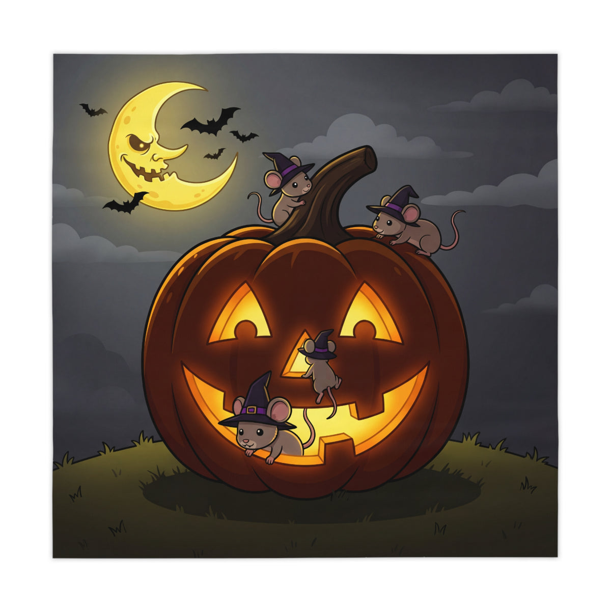 Jack-O'-Lantern & Witch Hat Mice Tablecloth | Whimsical Halloween Table Linen