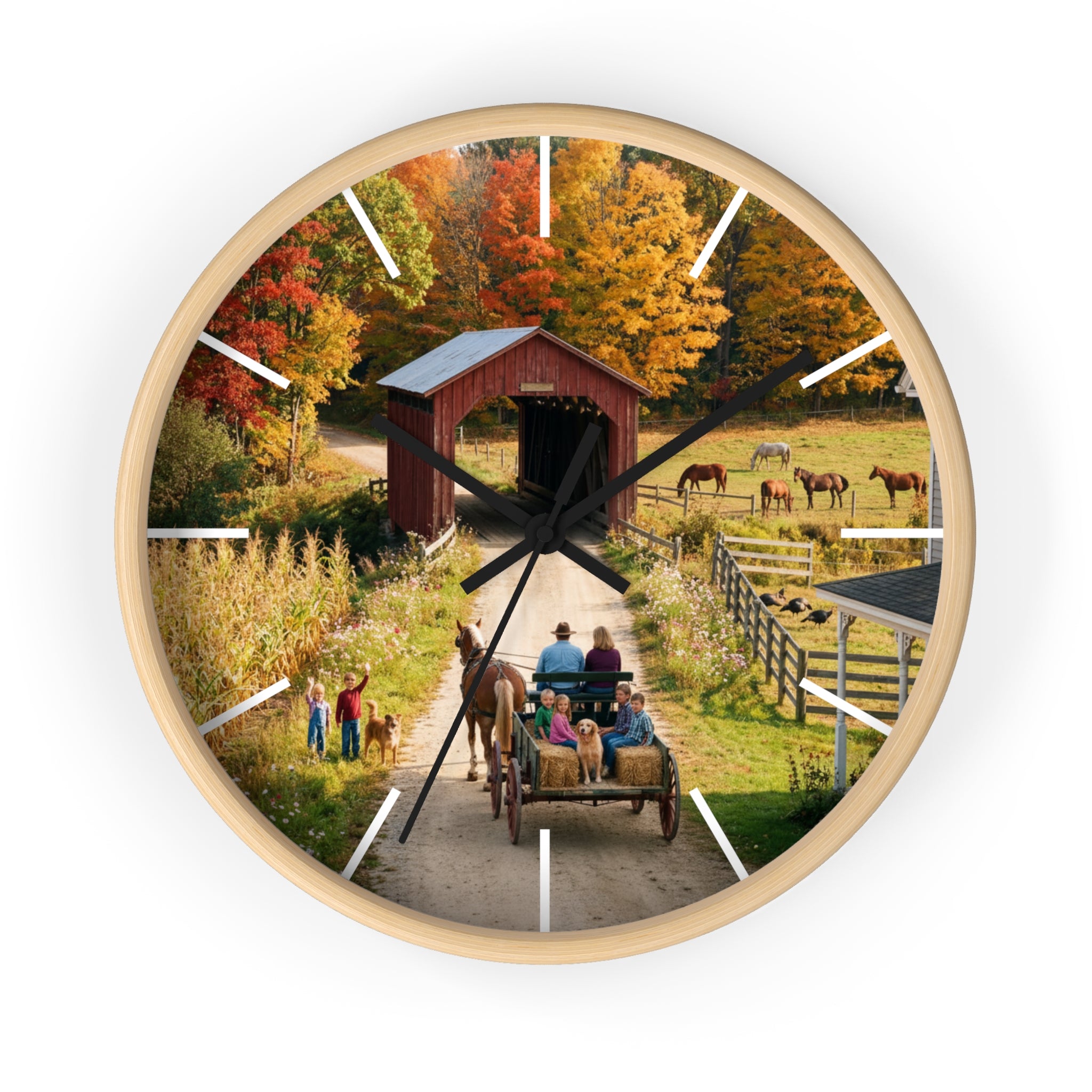 Autumn Covered Bridge Wall Clock / Country Wagon & Fall Scenery
