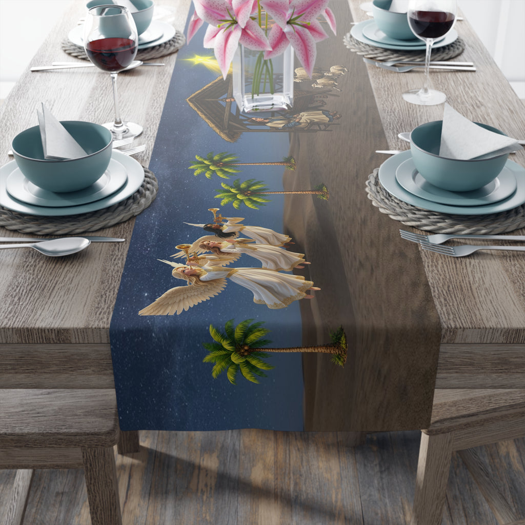 Nativity Scene Table Runner | Christmas Holy Family Angels, Palm Trees