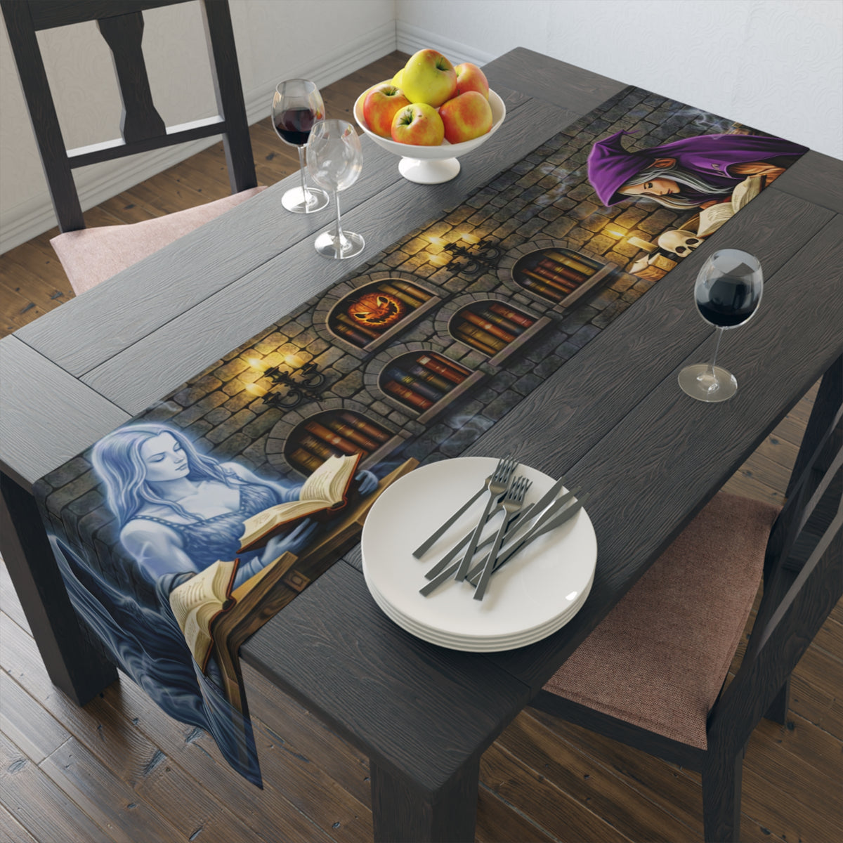 Witch & Spellbook Table Runner | Candlelit Gothic Scene – Halloween Dining Decor