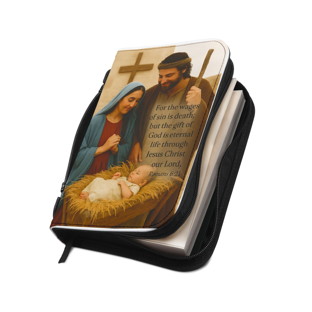 Bible Cover Baby Jesus in Manger/Mary/Joseph/Romans 6:21/ 100% PU Leather
