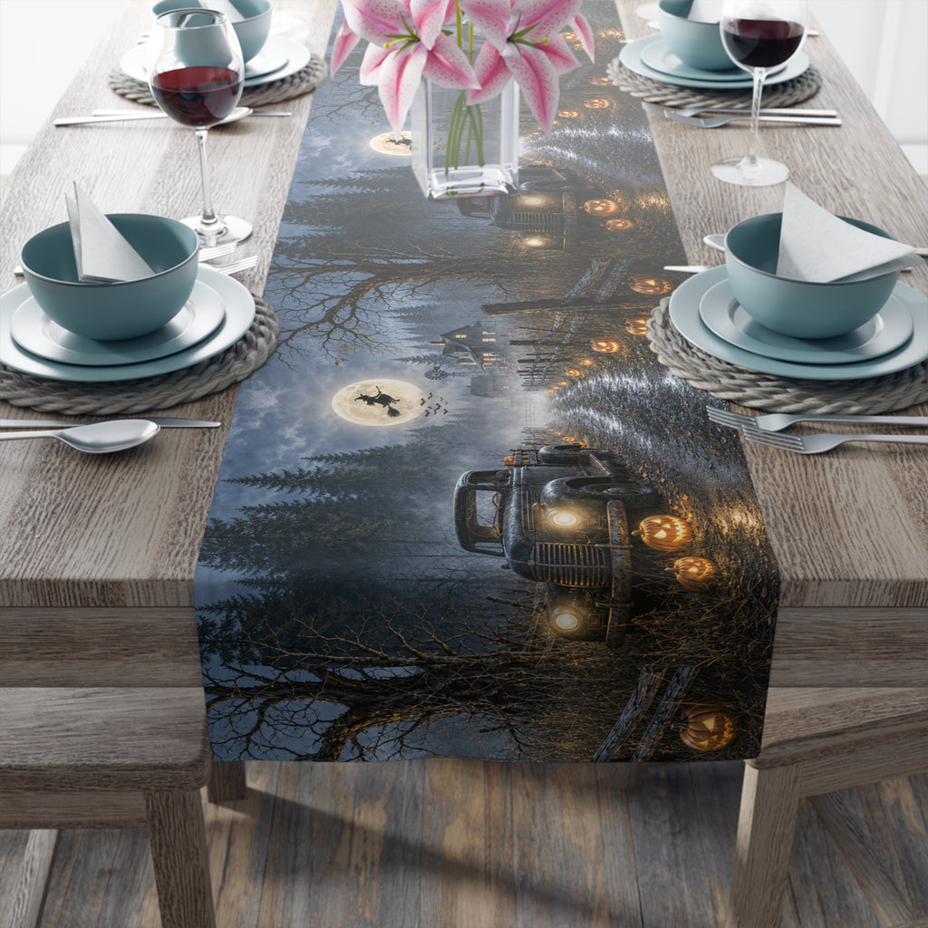 Spooky Truck Halloween Table Runner | Pumpkin Lined Road, Full Moon