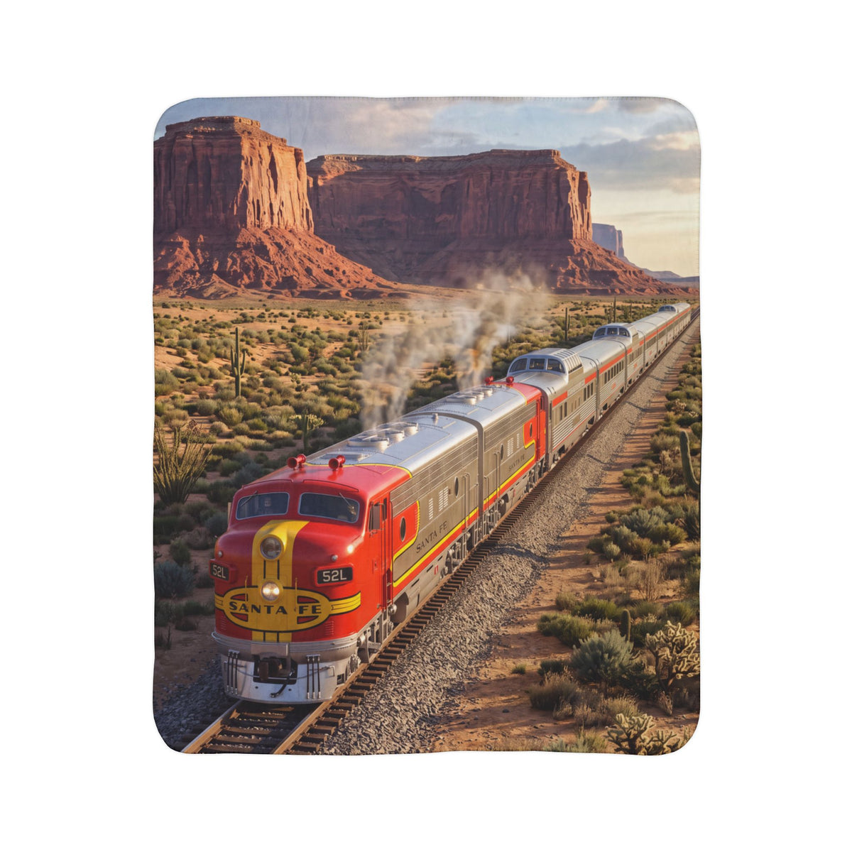 Classic Red Locomotive Fleece Sherpa Blanket | Desert Canyon Train Scene