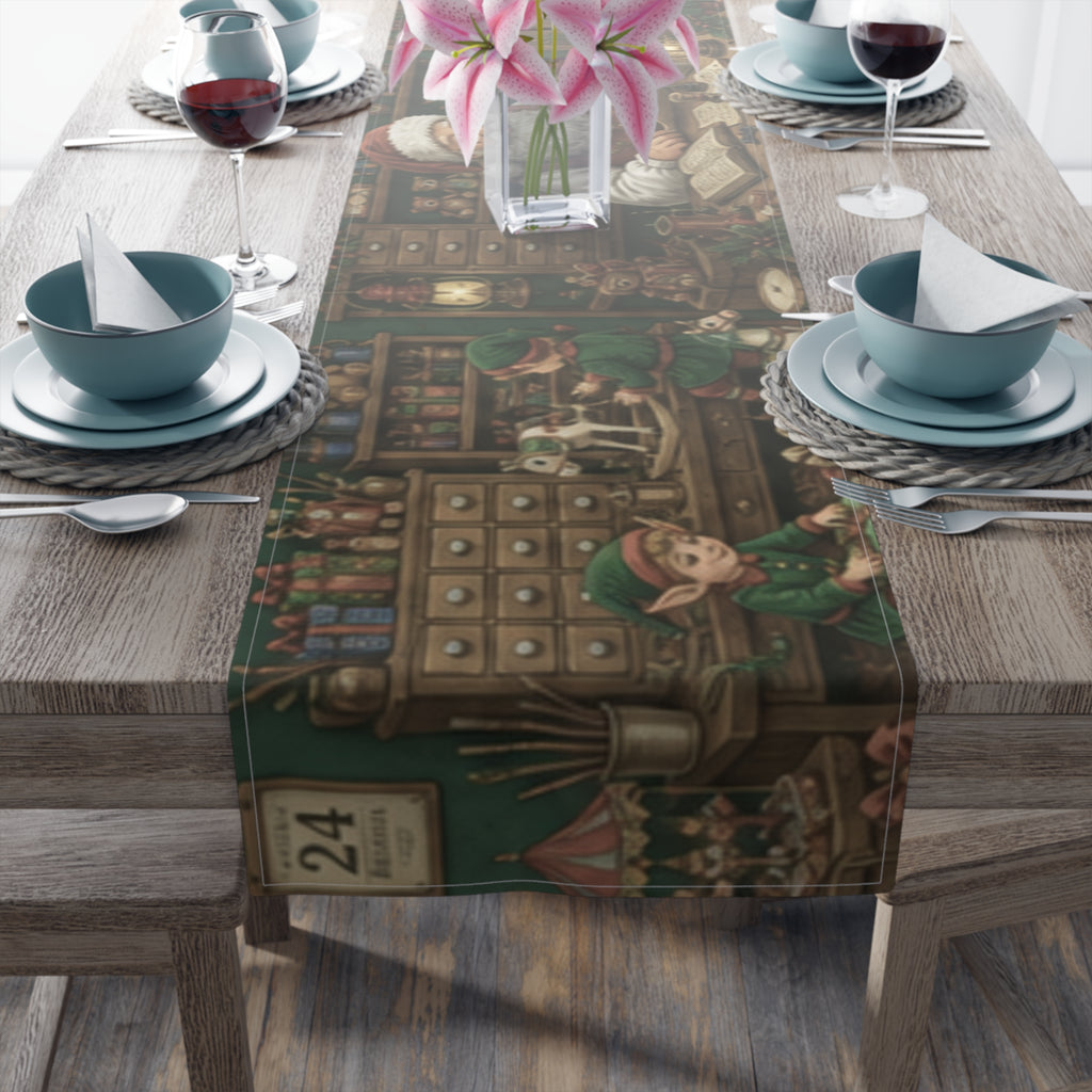 Santas Workshop Scene Table Runner | Santa, Elves & Reindeer Holiday Decor