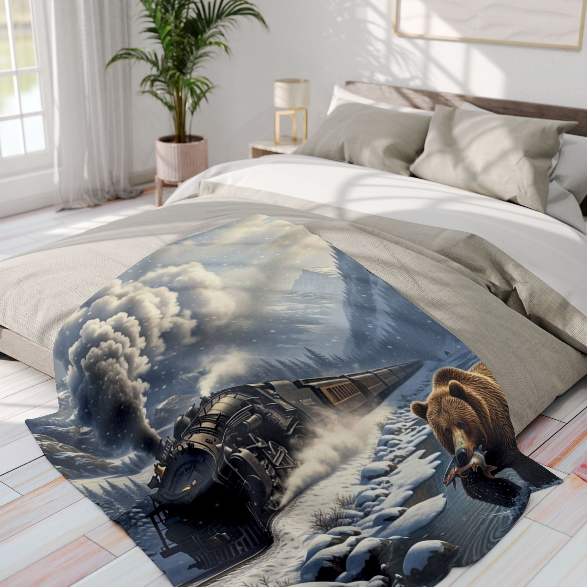 Bear Catching Salmon, Fleece Blanket | Steam Train Winter Landscape
