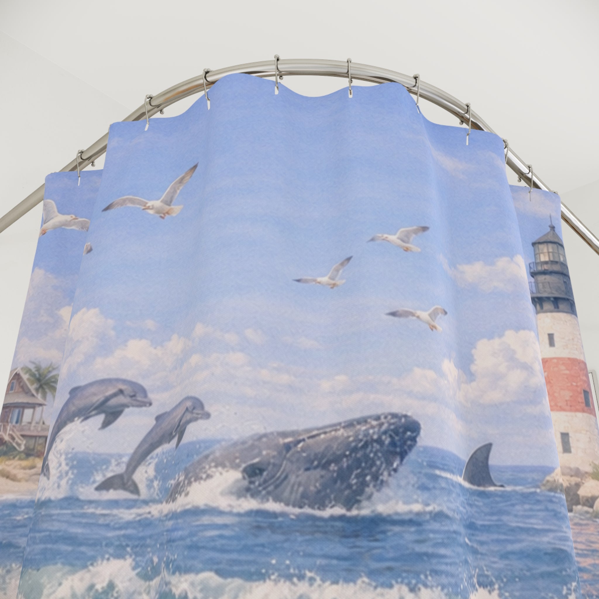 Coastal Lighthouse Beach Scene Shower Curtain