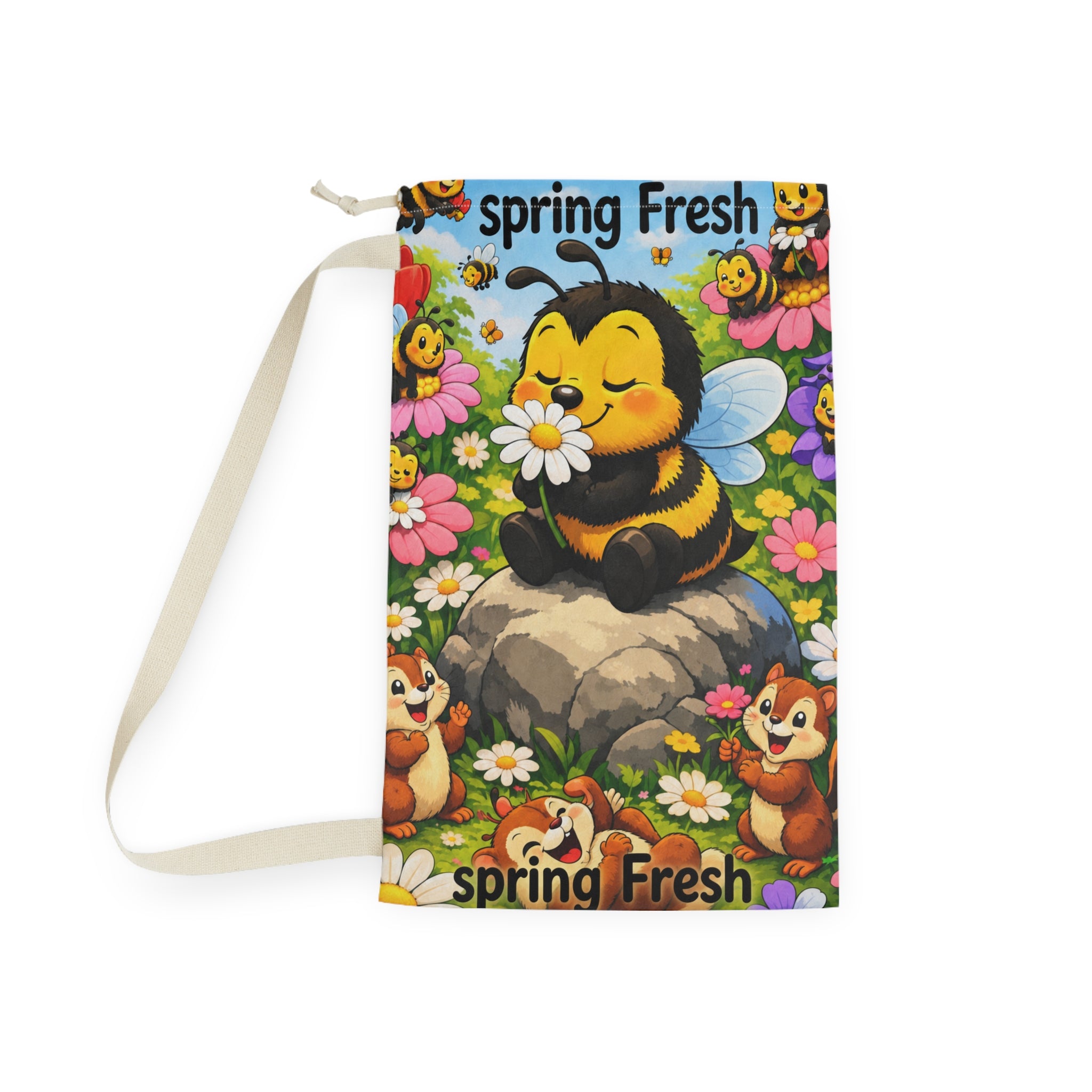 Spring Fresh Bee Laundry Bag – Cute Floral Drawstring Hamper for Kids