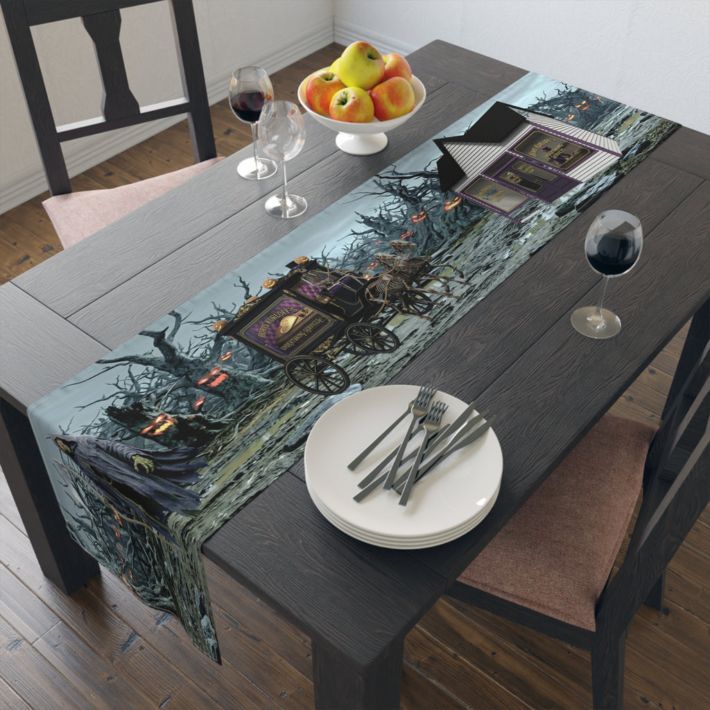 Haunted Hearse Carriage Table Runner | Halloween Spooky Graveyard Scene