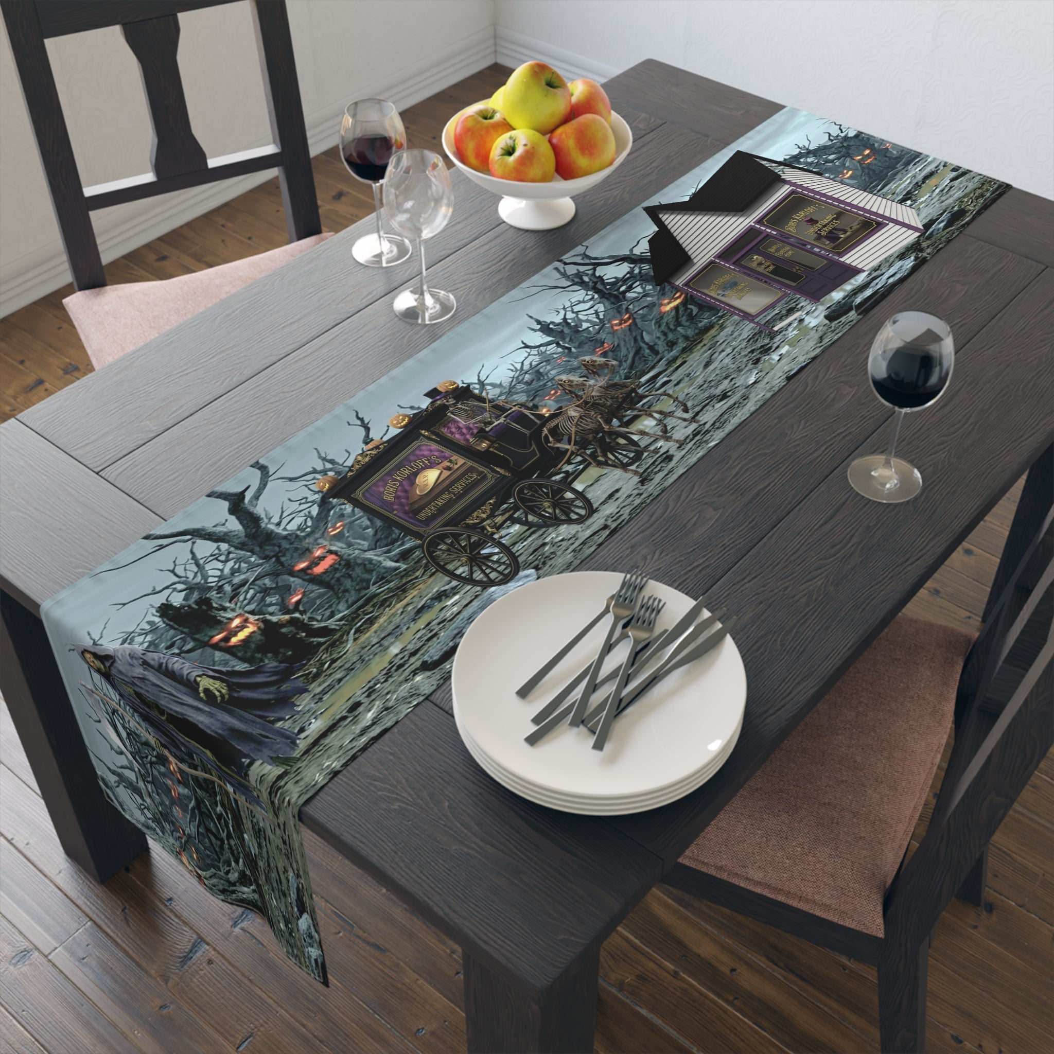 Haunted Hearse Carriage Table Runner | Halloween Spooky Graveyard Scene
