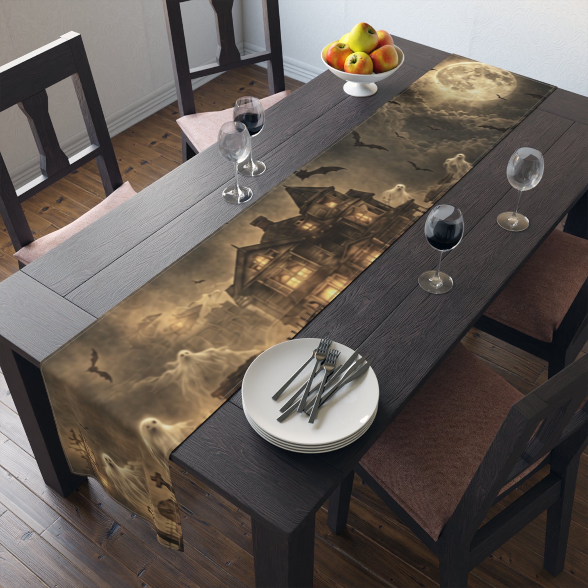 Haunted Victorian House Table Runner | Ghostly Graveyard Halloween