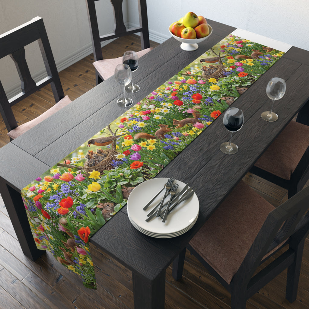 Spring Garden Birds Table Runner / Floral Tulip & Daffodil Dining Decor