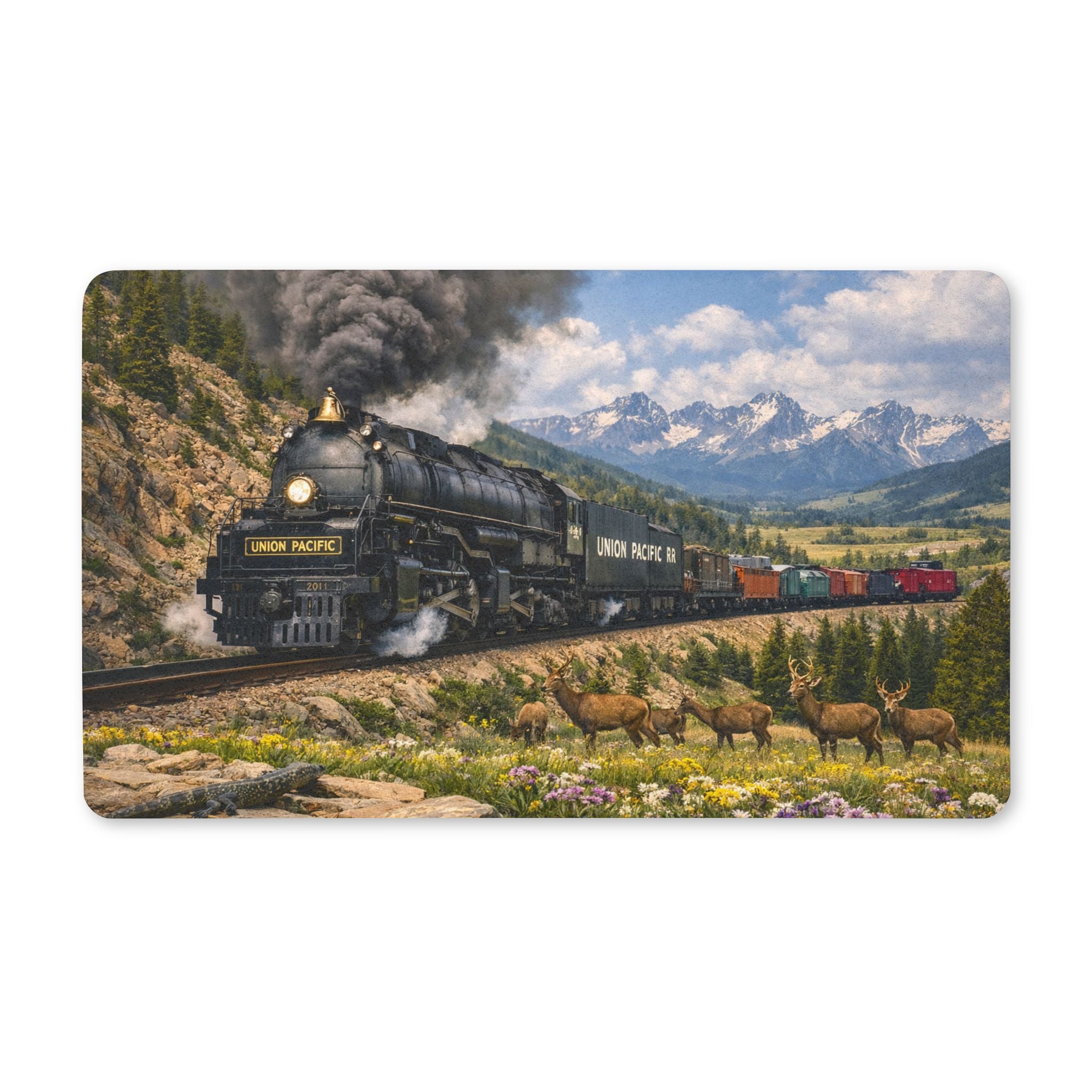 Vintage Steam Locomotive Train Polyester Doormat | Mountain Landscape