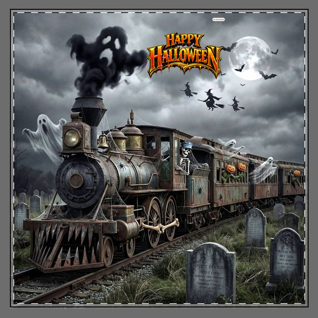 Halloween Ghost Train Napkin | Haunted Steam Train, Graveyard & Jack-O'-Lanterns – Poly Twill