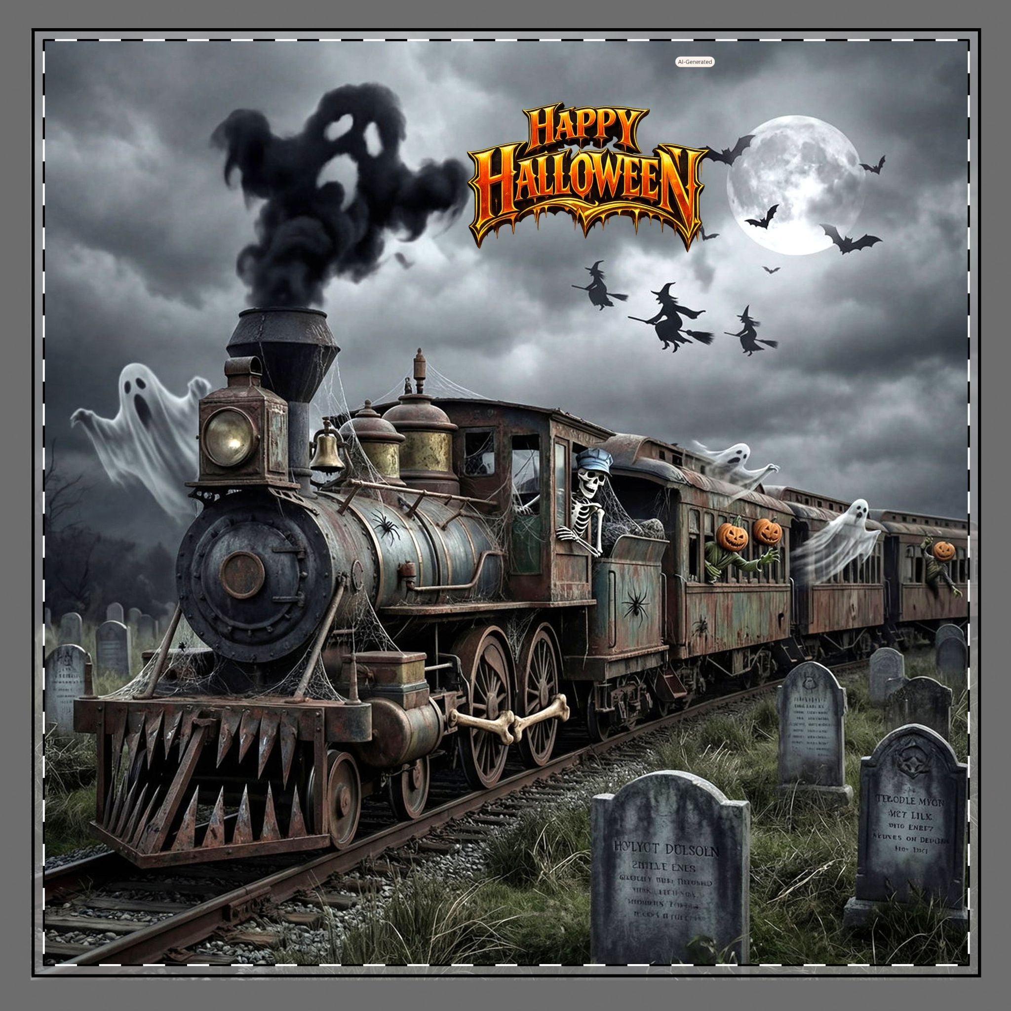 Halloween Ghost Train Napkin – "Happy Halloween" Spooky Graveyard Polyester Napkin