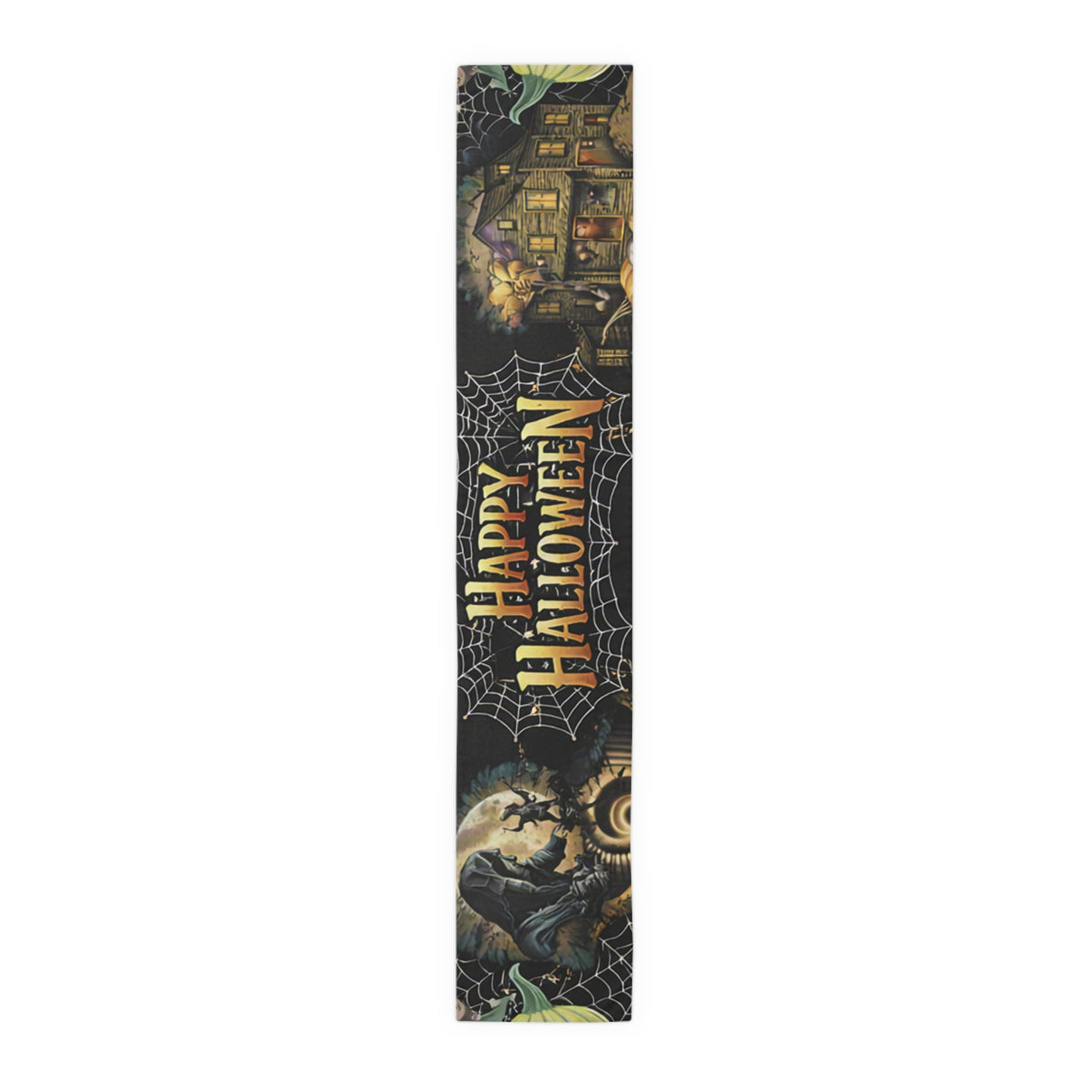 Halloween Spiderweb Table Runner | Full Moon, Bats & Vintage Illustration – Spooky Table Decor