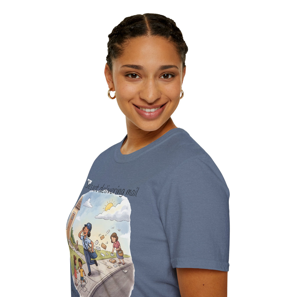 T‑Shirt – "She’s not delivering mail, she’s delivering a little wind" Cute Postal Worker Illustration Tee