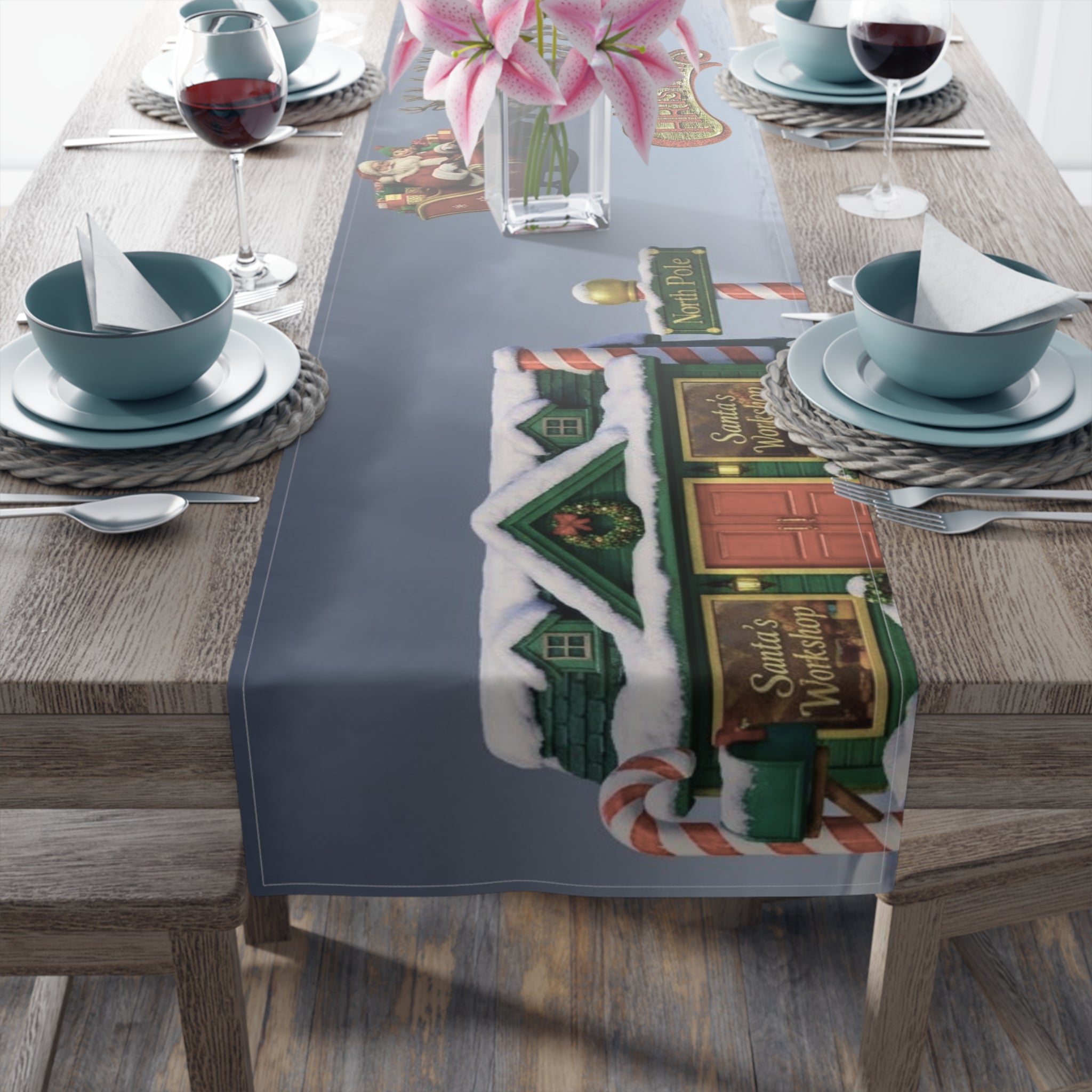 Christmas Village Scene Table Runner | Holiday Snowy Cottage Design