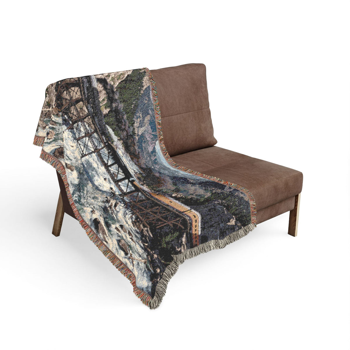 Mountain Train Landscape Woven Blanket | Scenic River Throw