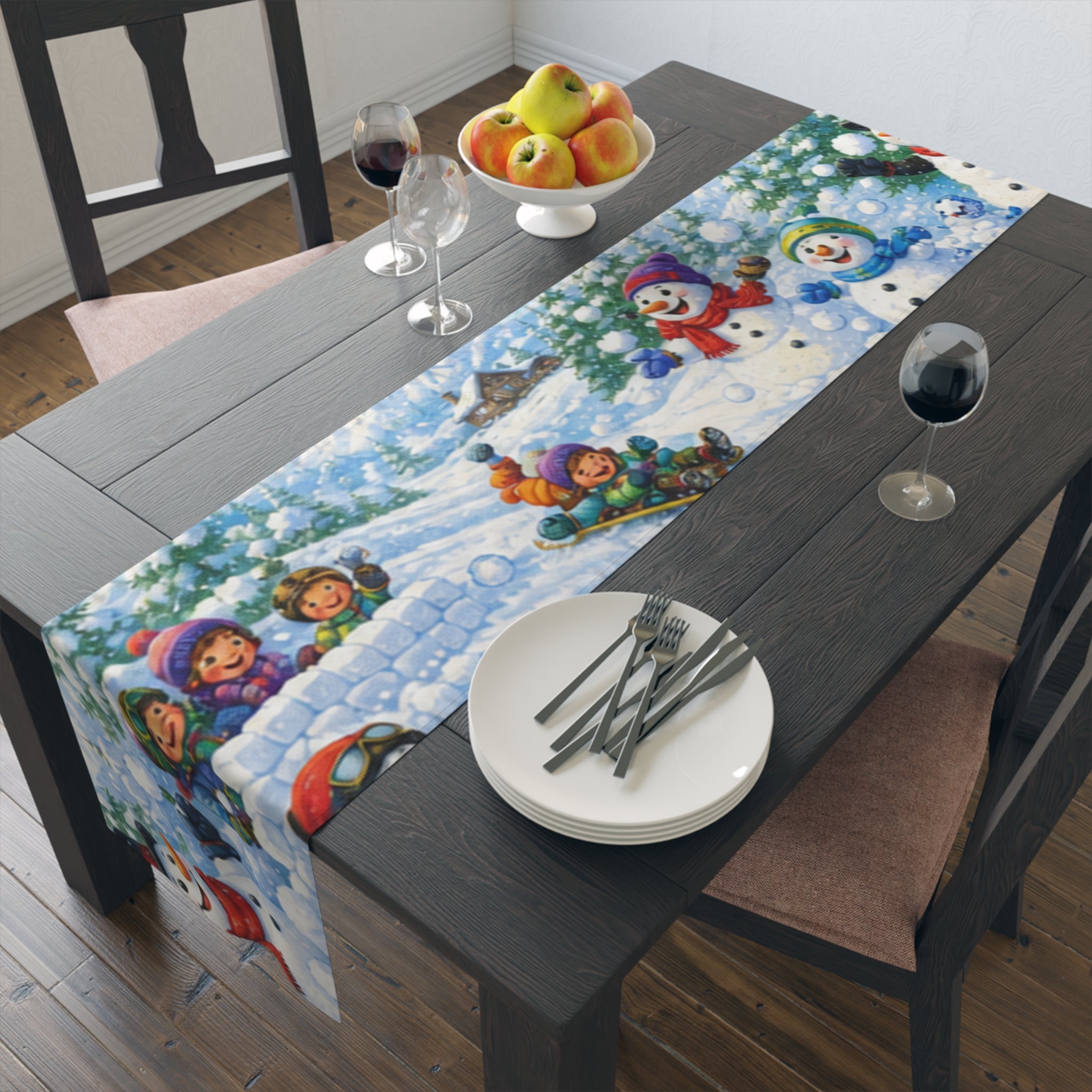 Snowball Fight Snowman Scene Table Runner | Cotton Poly