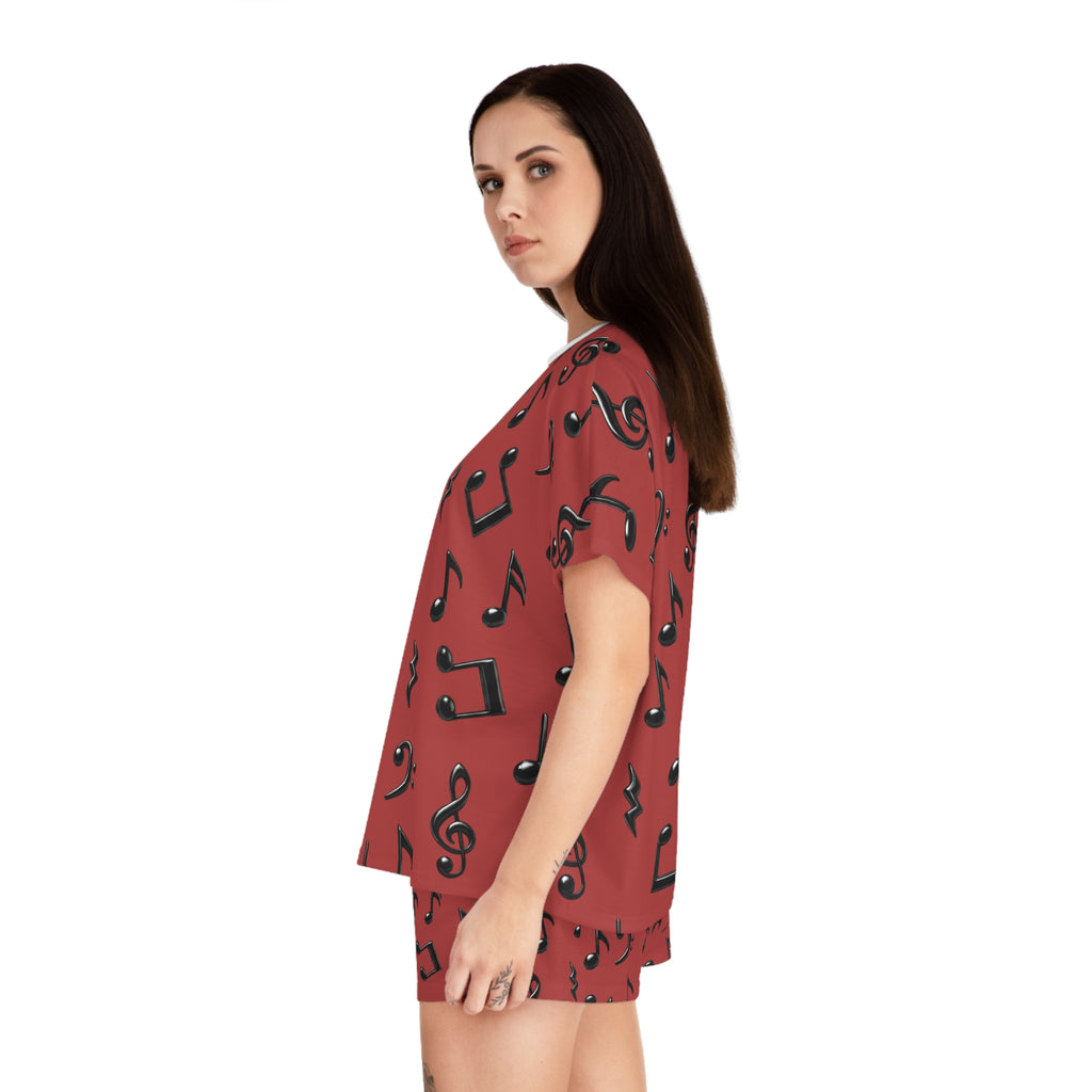 Women's Music Notes Pajama Set — Red Short Sleepwear
